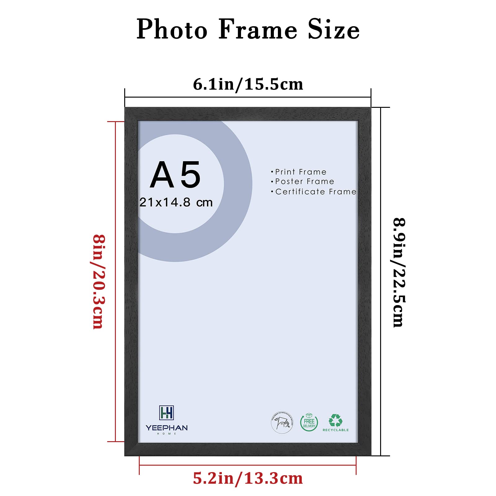 Black Photo Frame 8 x 6 Inch/A5 21x15cm Solid Wood Photo Frame